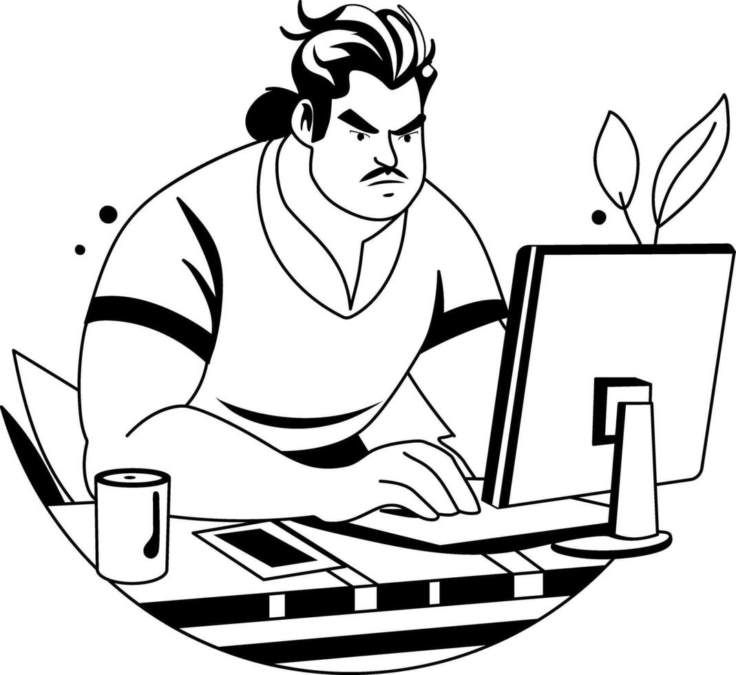 A glyph illustration of a serious man doing remote work vector