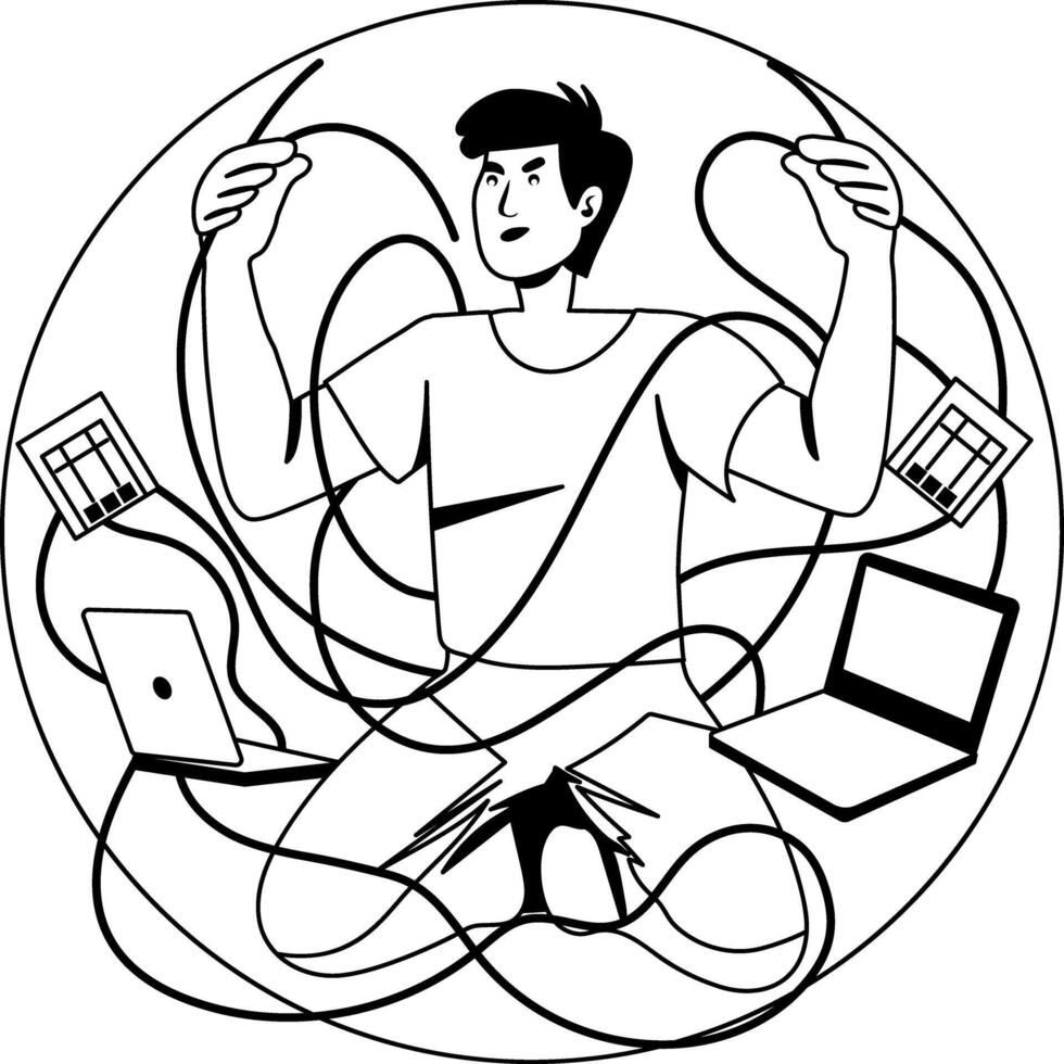 Man tangled in wires, glyph style illustration vector