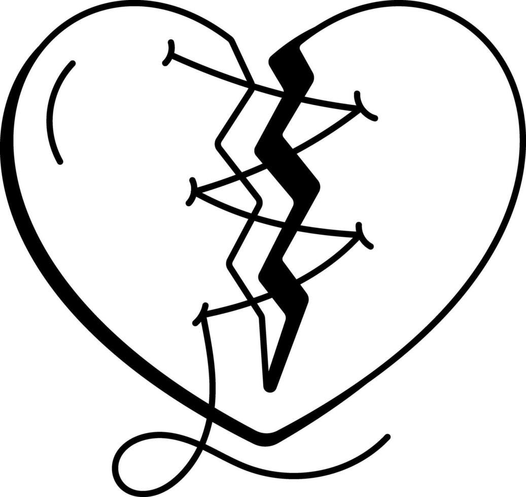 Doodle style icon of a broken heart stitched with thread vector