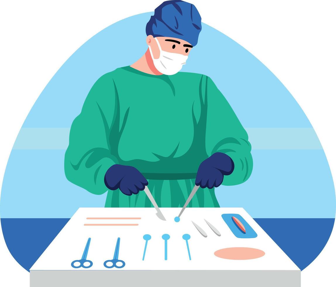 Flat illustration of a surgeon checking his tools vector