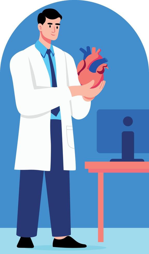 A flat style illustration of a cardiologist holding a heart vector