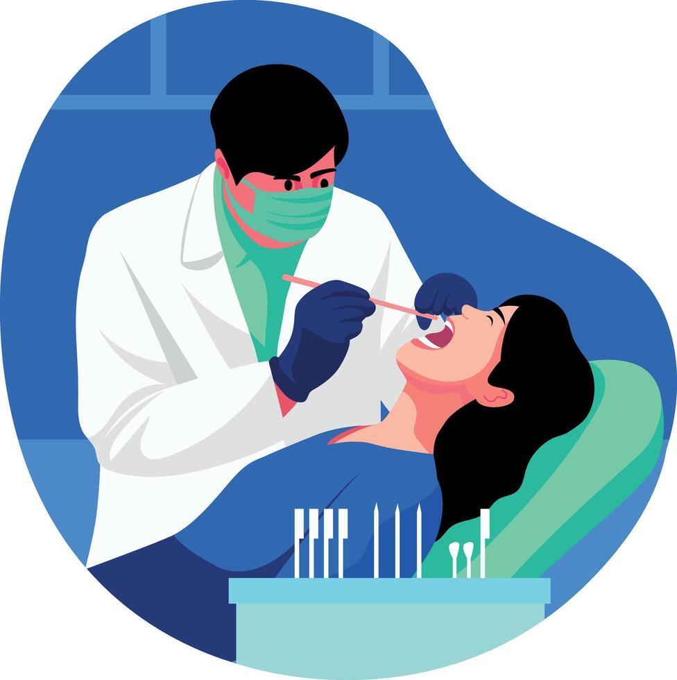 A flat illustration of a dentist checking his patient vector