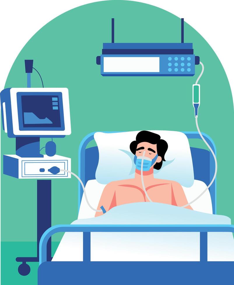 Flat illustration showing a patient lying in an icu room vector