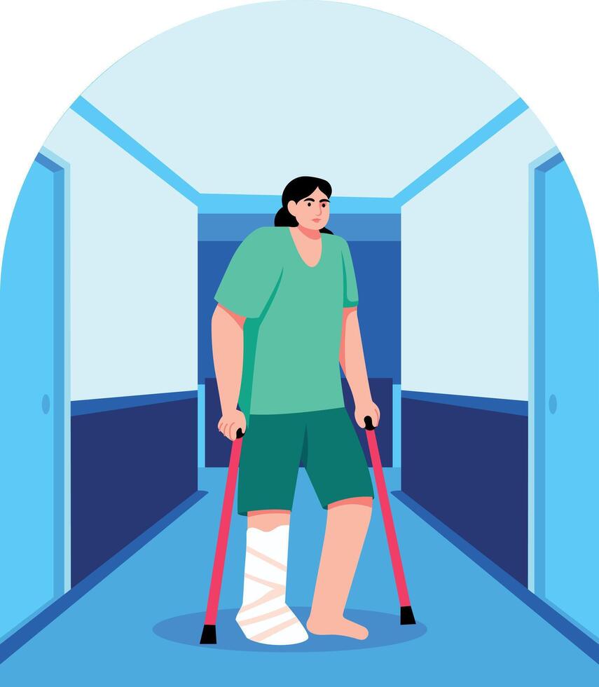 A patient walking with a foot fracture, flat style illustration vector