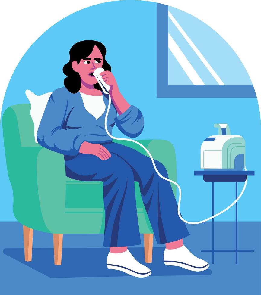 A flat style illustration depicting a patient taking inhalation vector