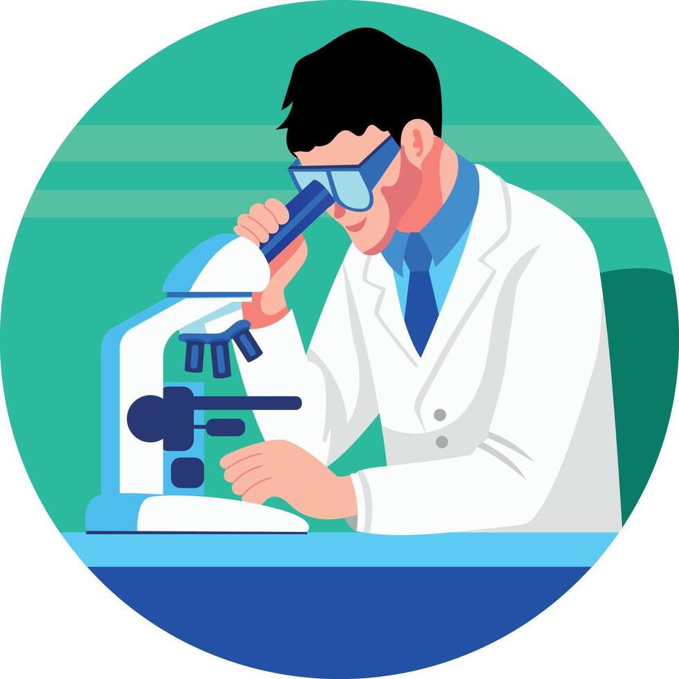 Flat illustration of a lab technician researching with a microscope vector