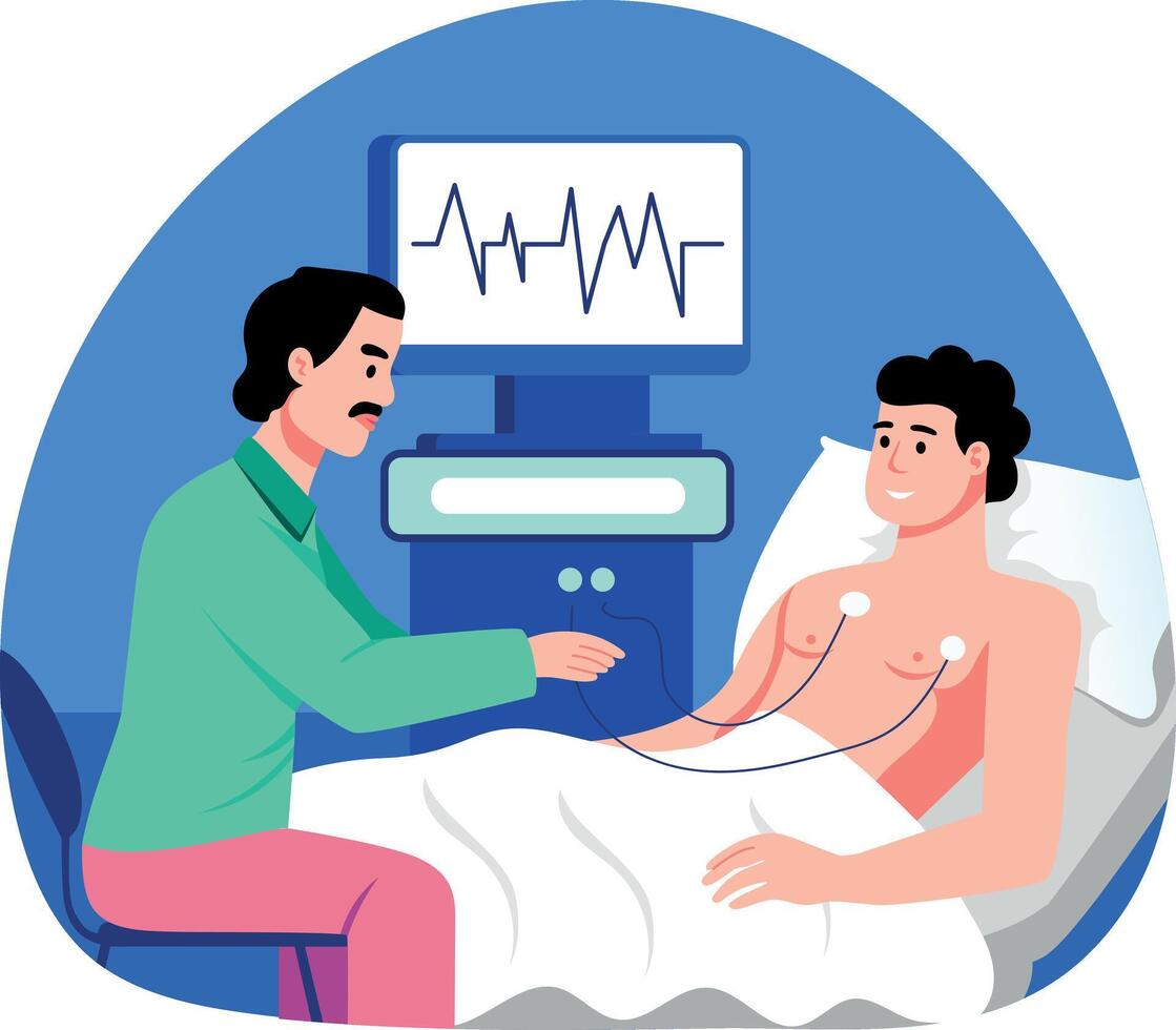 A doctor doing ecg of a patient, flat style illustration vector
