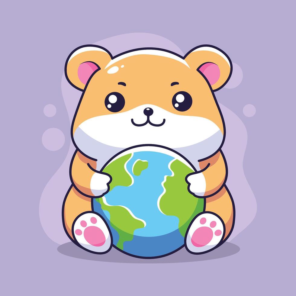 cute hamster animal with earth planet illustration designicon. vector
