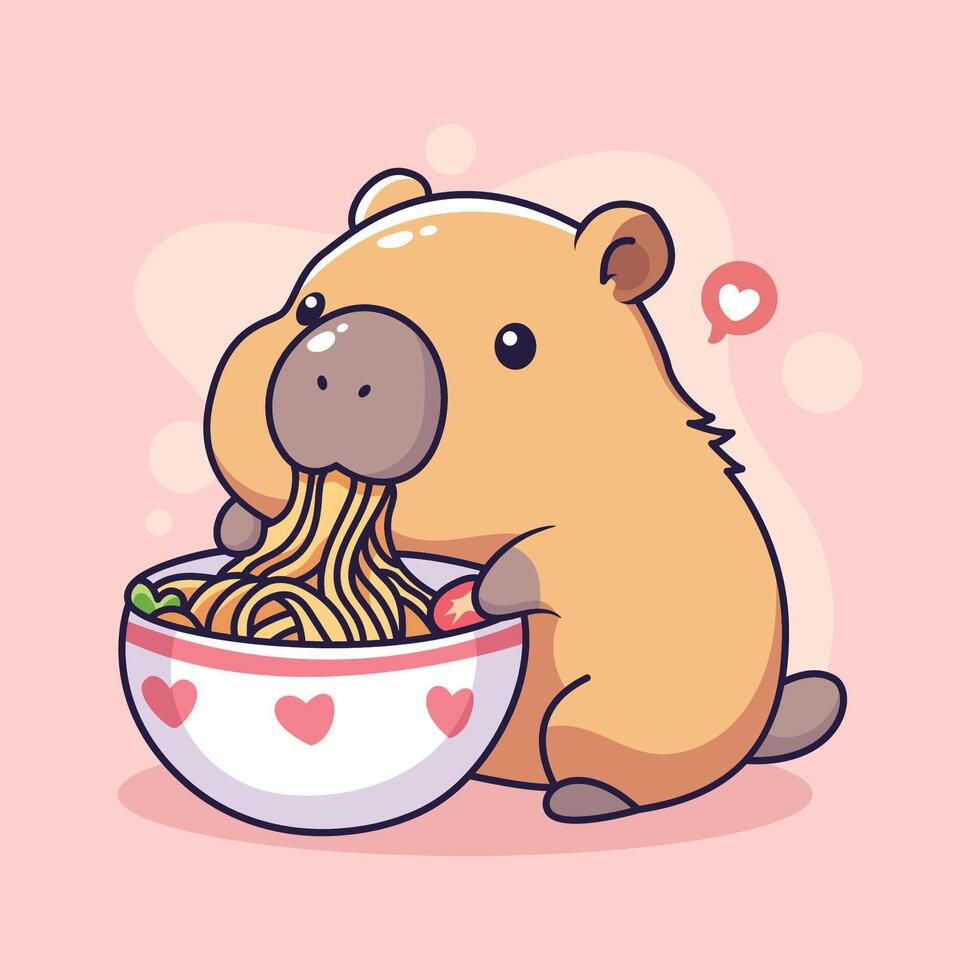 Cute cartoon capybara eating spaghetti. illustration vector