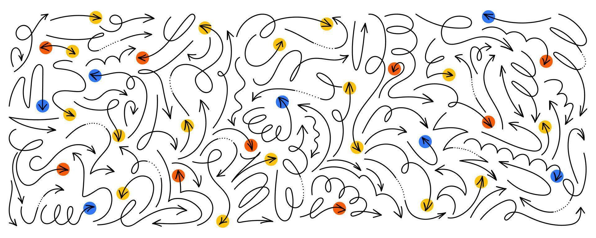 Hand drawn arrows with thin curvy lines. Scribble isolated wavy pointers. Set of doodle arrow icons. Collection of sketchy hand free curved lines and pointers vector