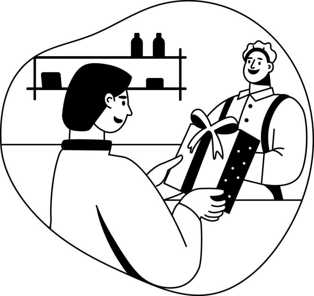 A glyph illustration of a woman get shopping gift from shopkeeper vector