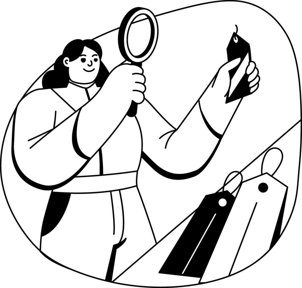 A glyph illustration of a woman checking price tag vector