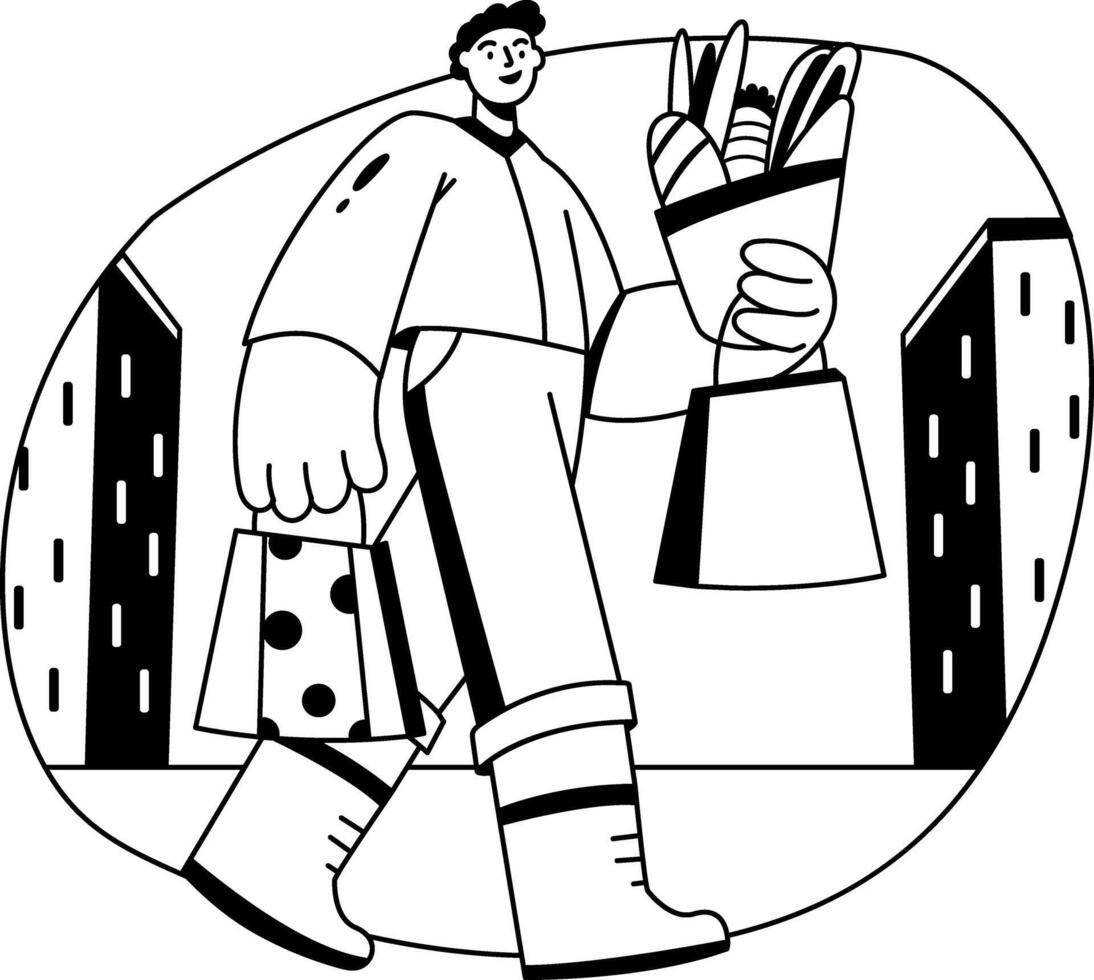 A glyph style illustration of a character doing grocery shopping vector
