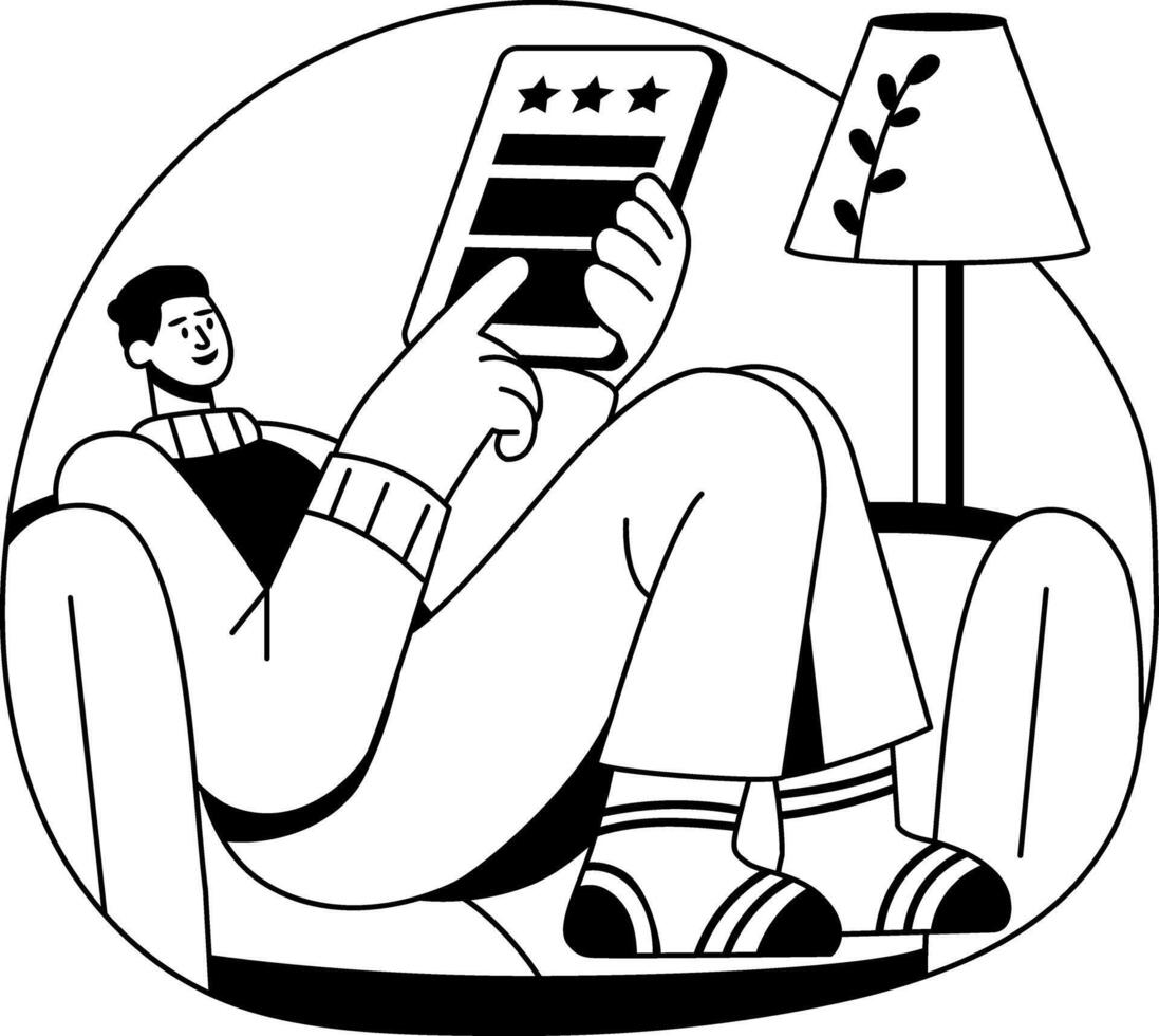 A glyph illustration of a character giving online feedback vector