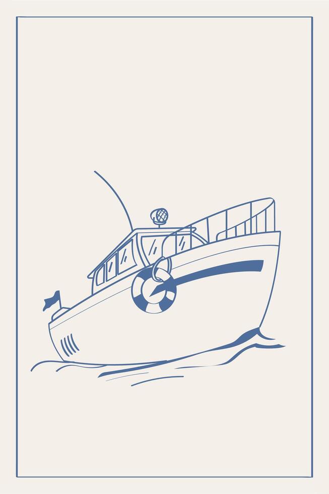 illustration in doodle style. Simple sketch of a boat on the water with a life preserver.Sea weekend or vacation at sea.Retro style poster sketch vector