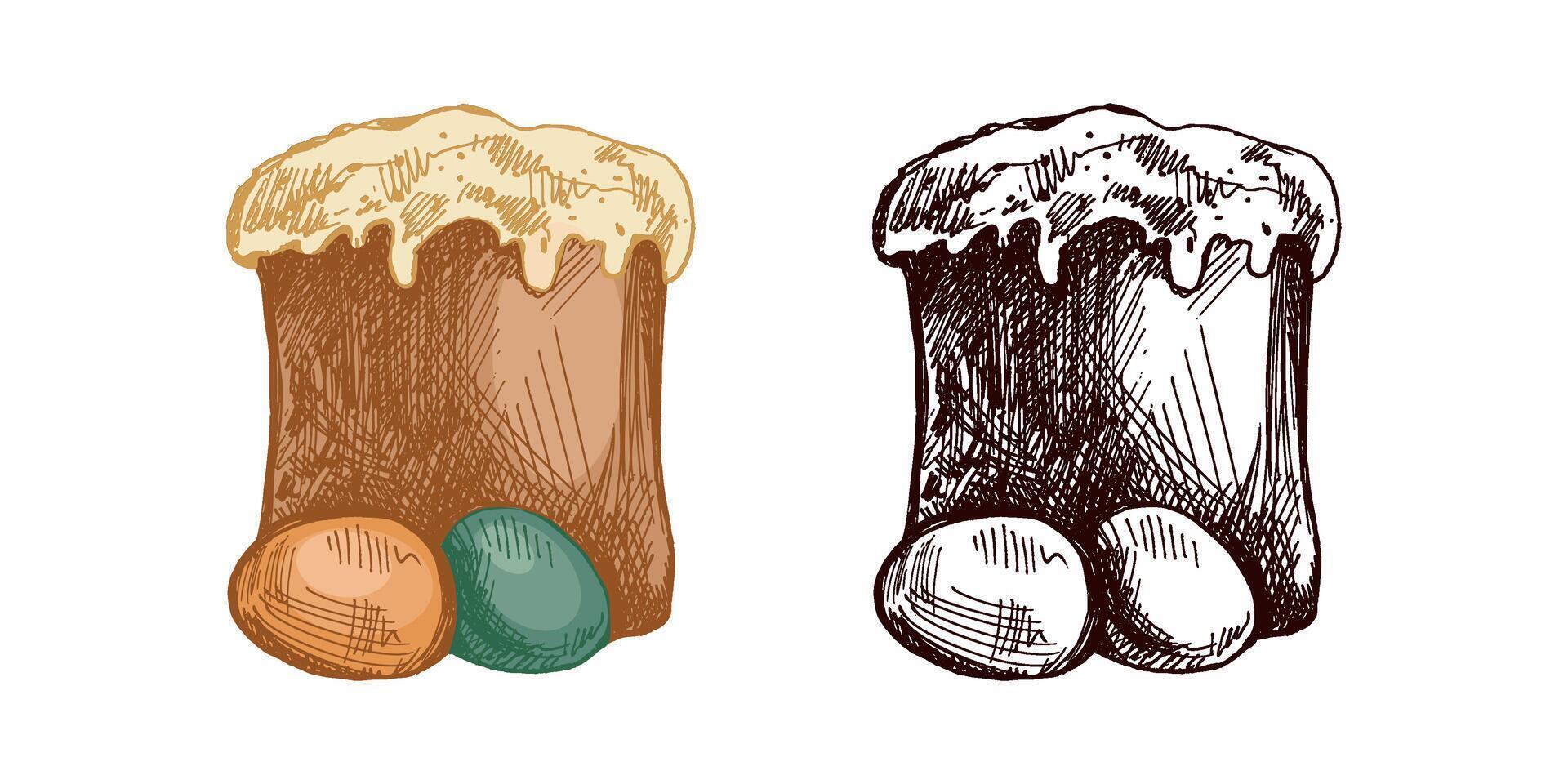 Hand drawn colored and monochrome vintage sketch of Easter cake with eggs vector