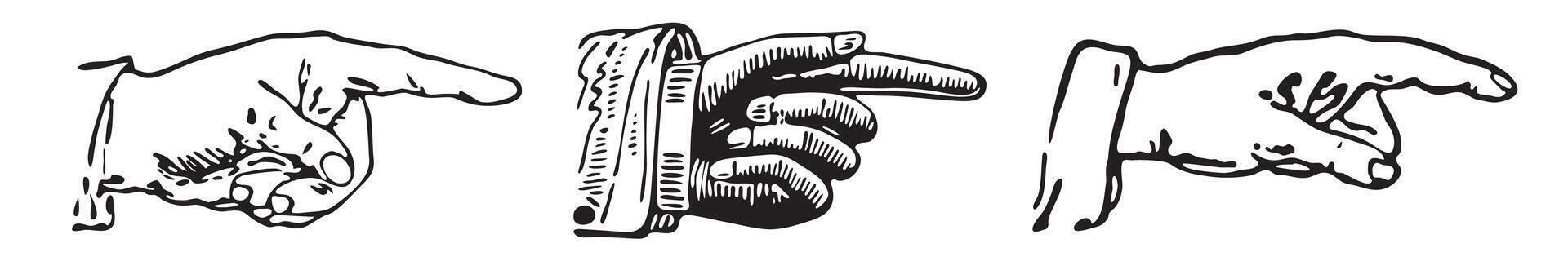 Set of engravings of pointing fingers. pointing symbols. vector