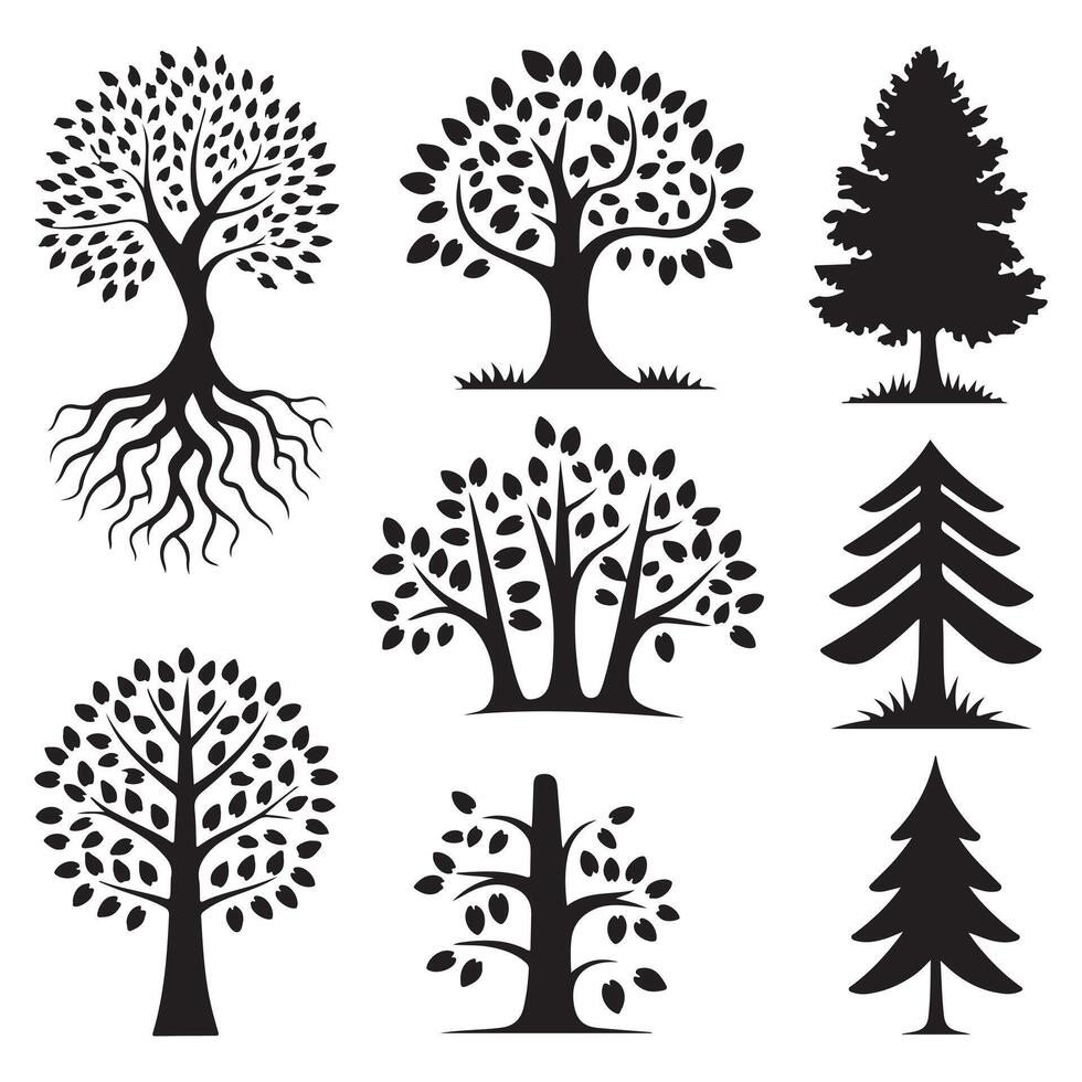 A beautiful set of tree silhouettes against a white background, representing growth, strength, and the serenity of nature vector