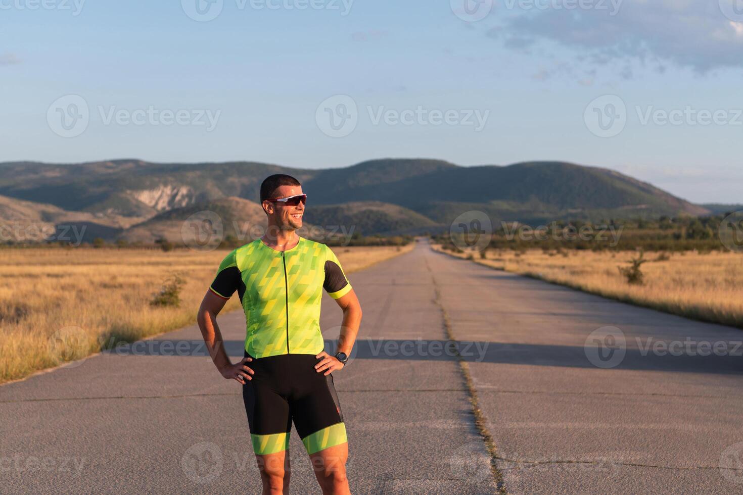 Triathlete resting after exhausting training for the upcoming marathon. photo