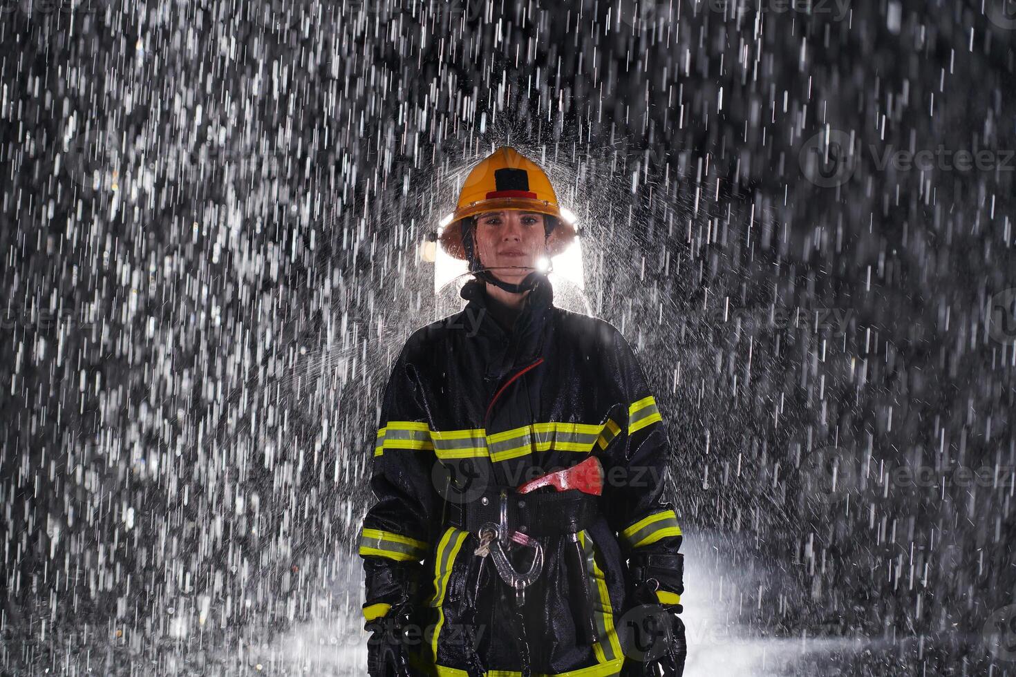 A determined female firefighter in a professional uniform striding through the dangerous, rainy night on a daring rescue mission, showcasing her unwavering bravery and commitment to saving lives. photo