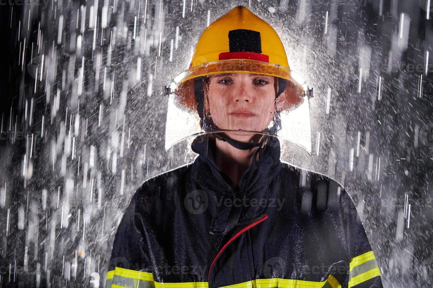 A determined female firefighter in a professional uniform striding through the dangerous, rainy night on a daring rescue mission, showcasing her unwavering bravery and commitment to saving lives. photo
