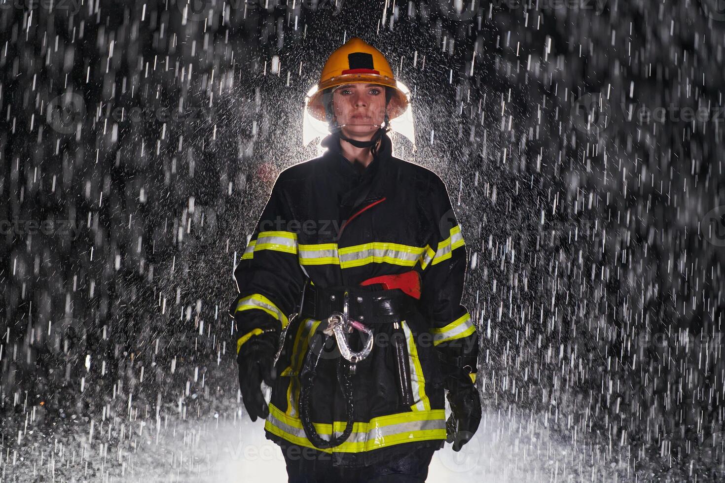 A determined female firefighter in a professional uniform striding through the dangerous, rainy night on a daring rescue mission, showcasing her unwavering bravery and commitment to saving lives. photo
