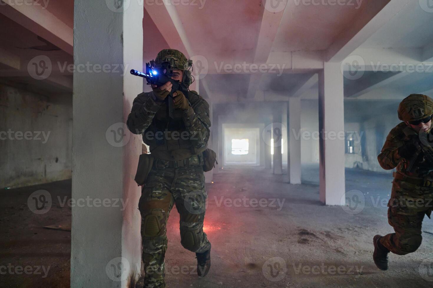 A group of professional soldiers bravely executes a dangerous rescue mission, surrounded by fire in a perilous building. photo