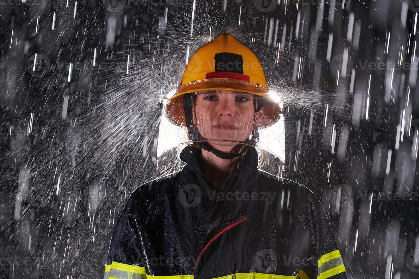A determined female firefighter in a professional uniform striding through the dangerous, rainy night on a daring rescue mission, showcasing her unwavering bravery and commitment to saving lives. photo