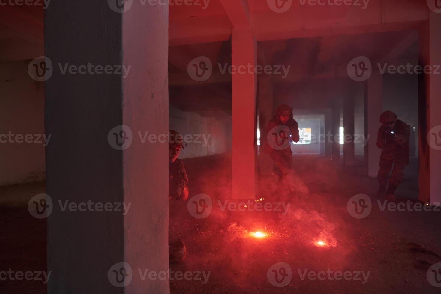 A group of professional soldiers bravely executes a dangerous rescue mission, surrounded by fire in a perilous building. photo