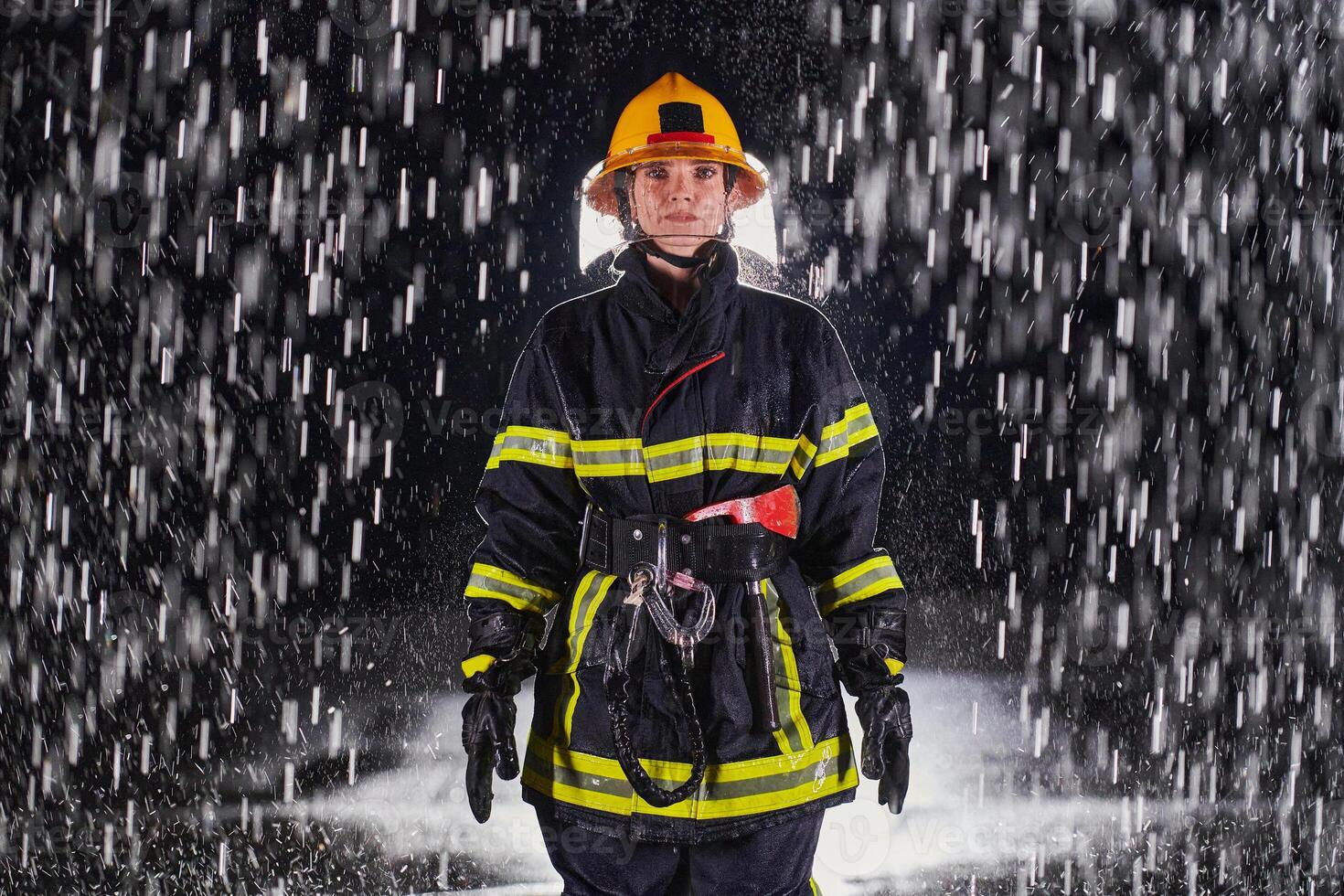 A determined female firefighter in a professional uniform striding through the dangerous, rainy night on a daring rescue mission, showcasing her unwavering bravery and commitment to saving lives. photo