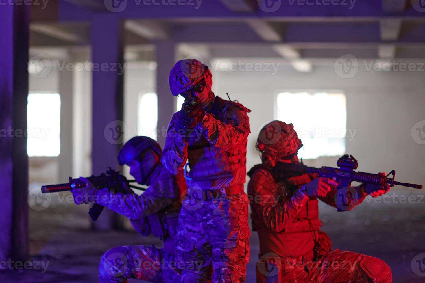 A group of professional soldiers bravely executes a dangerous rescue mission, surrounded by fire in a perilous building. photo