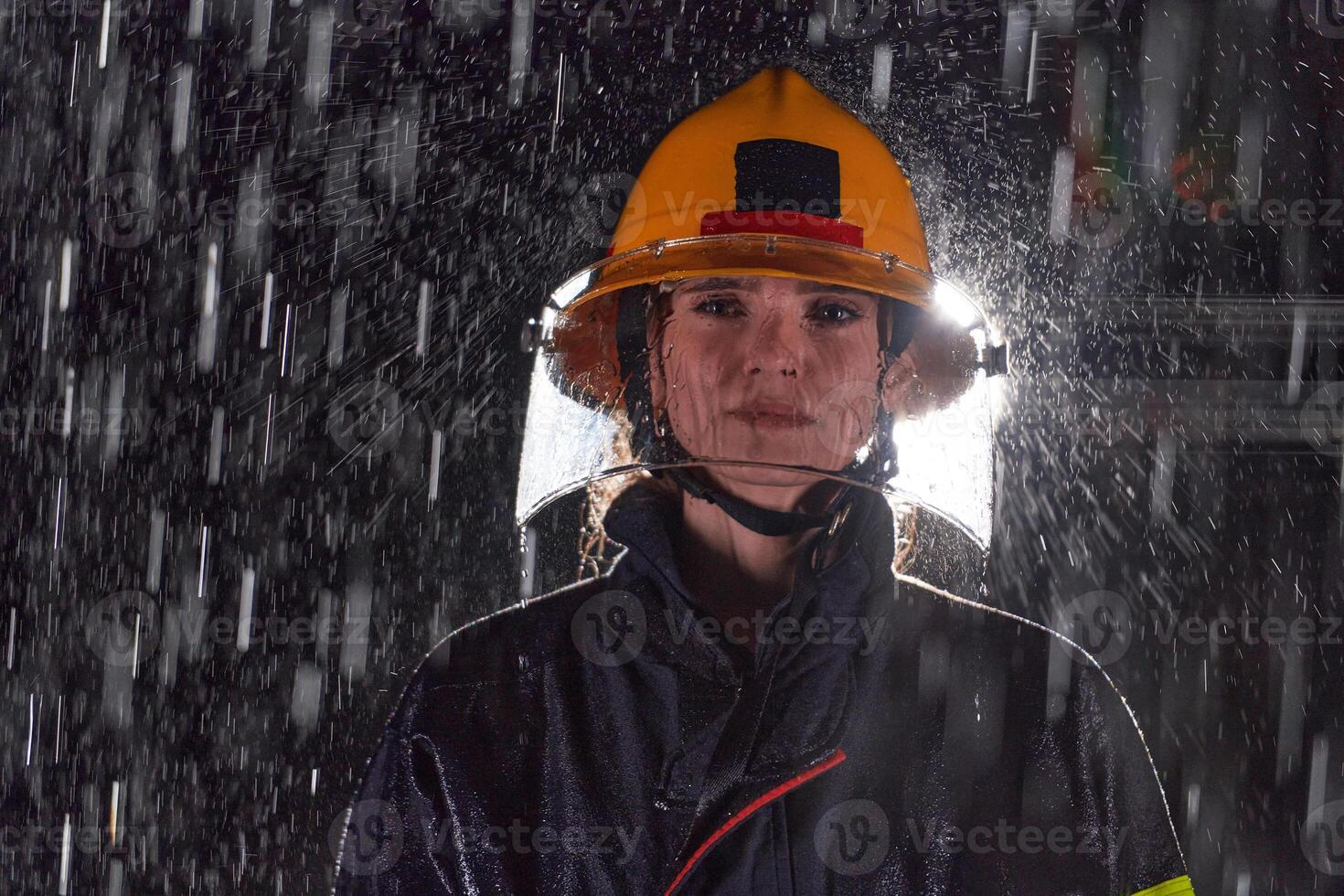 A determined female firefighter in a professional uniform striding through the dangerous, rainy night on a daring rescue mission, showcasing her unwavering bravery and commitment to saving lives. photo