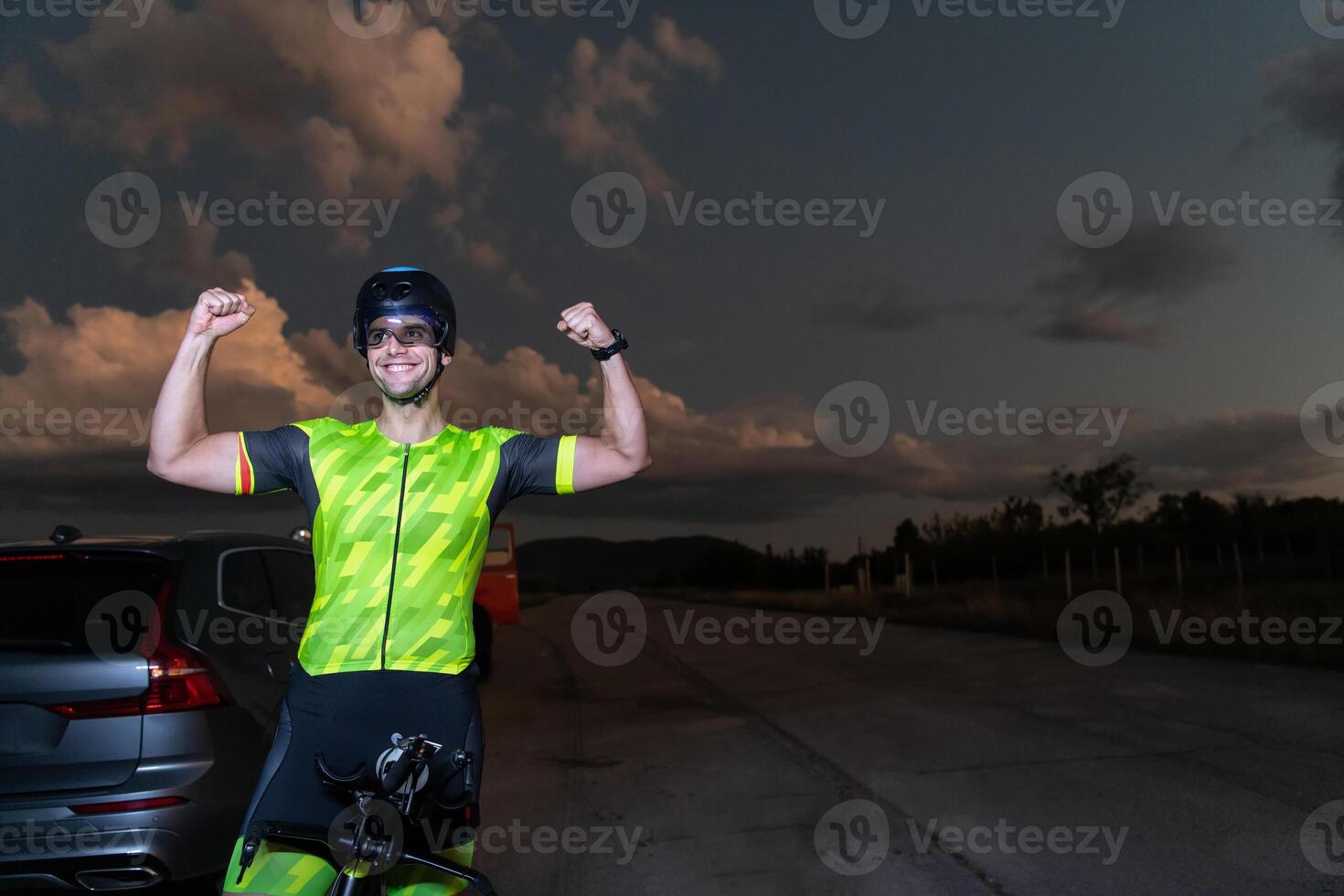Triathlete in professional gear running early in the morning, preparing for a marathon, dedication to sport and readiness to take on the challenges of a marathon. photo