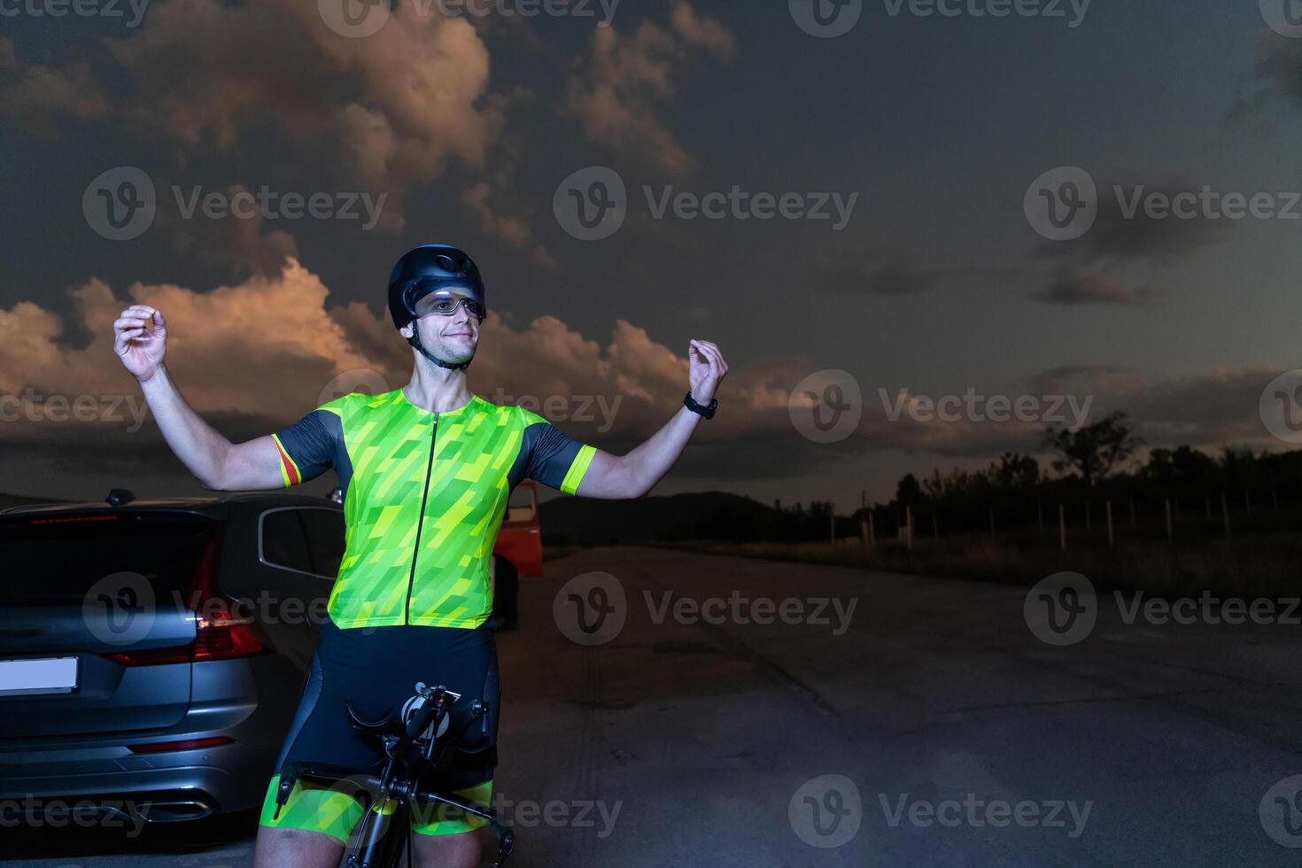 Triathlete in professional gear running early in the morning, preparing for a marathon, dedication to sport and readiness to take on the challenges of a marathon. photo