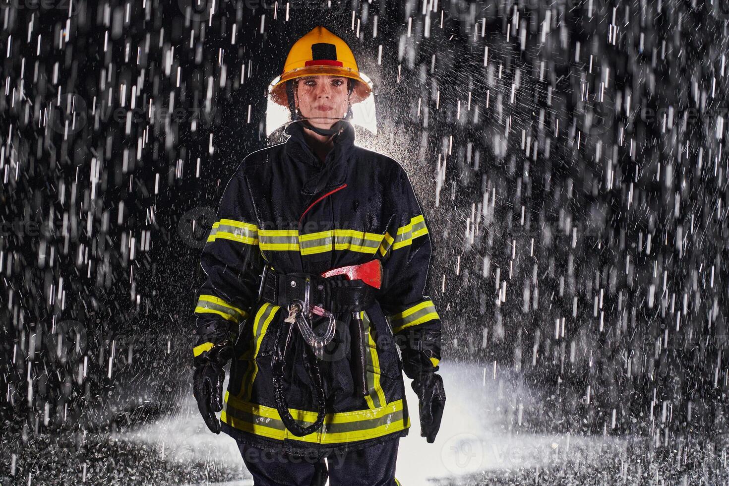 A determined female firefighter in a professional uniform striding through the dangerous, rainy night on a daring rescue mission, showcasing her unwavering bravery and commitment to saving lives. photo