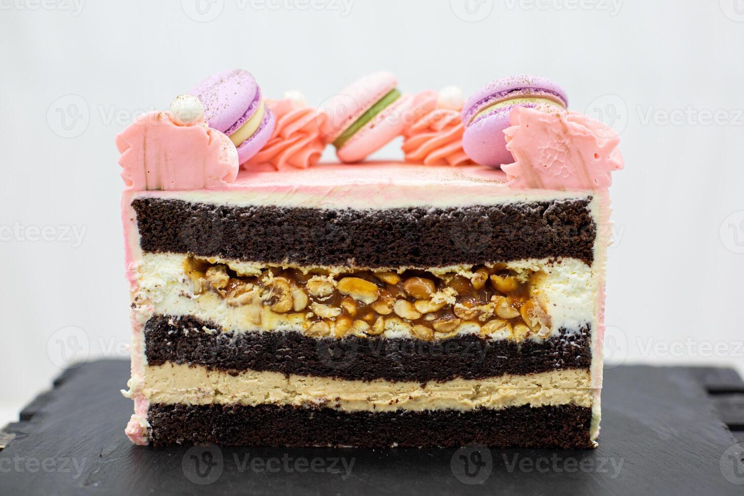 Chocolate cake with piece take out, on white background photo