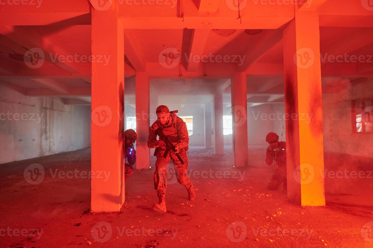 A group of professional soldiers bravely executes a dangerous rescue mission, surrounded by fire in a perilous building. photo