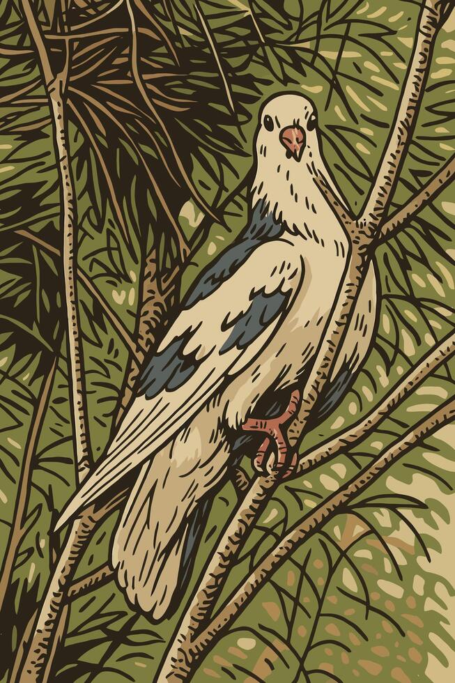 Pigeon Perched on Branch in Graphic Style Forest Illustration vector