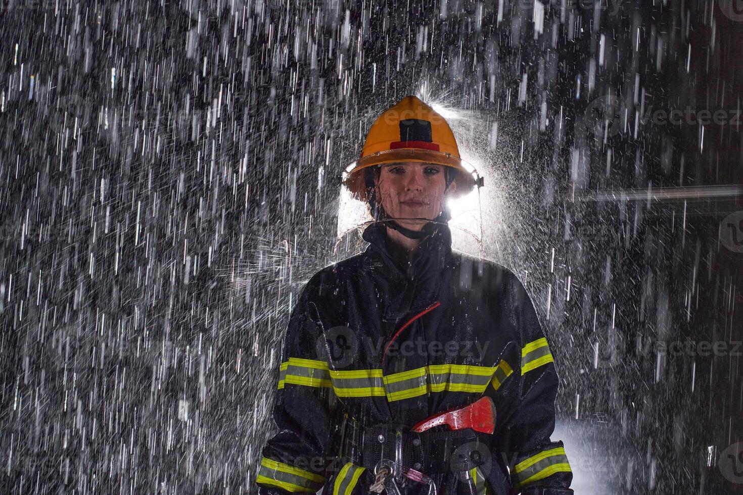 A determined female firefighter in a professional uniform striding through the dangerous, rainy night on a daring rescue mission, showcasing her unwavering bravery and commitment to saving lives. photo