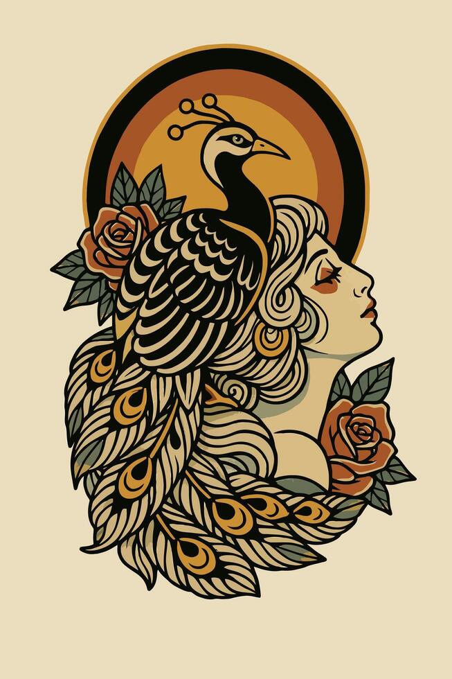 Woman with Peacock and Roses Graphic Art Illustration Style Design vector