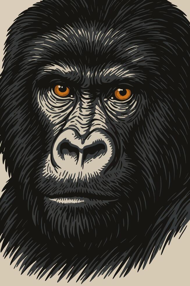 Illustrative Gorilla Face Portrait with Intricate Fur Details and Intense Gaze vector