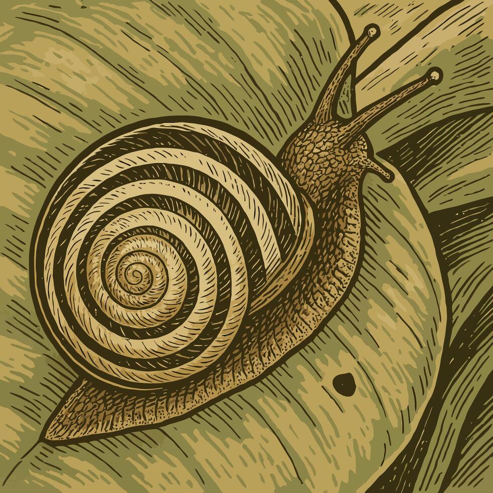 Snail Crawling on Green Leaf Detailed Woodcut Style Illustration vector