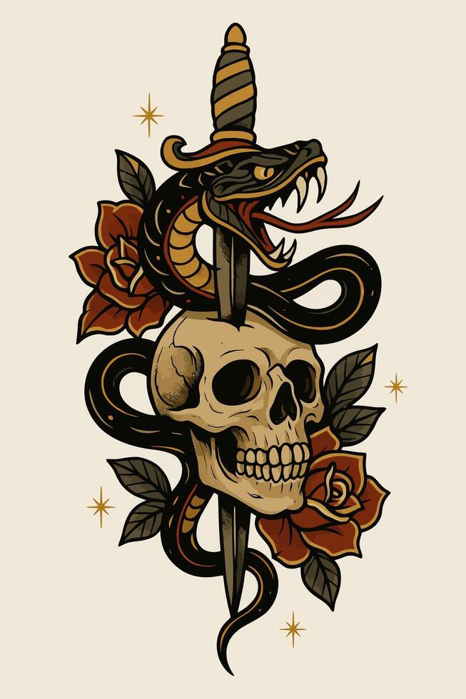 Stylized Snake and Dagger Tattoo Design Piercing Skull with Roses vector