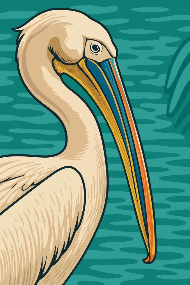 Pelican Illustration with Detailed Feathers and Striking Colorful Beak on Water vector