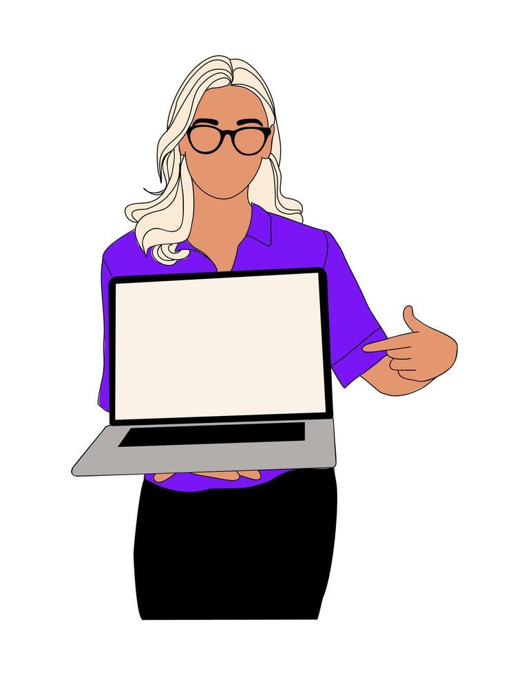 Business woman holding laptop, pointing to screen vector