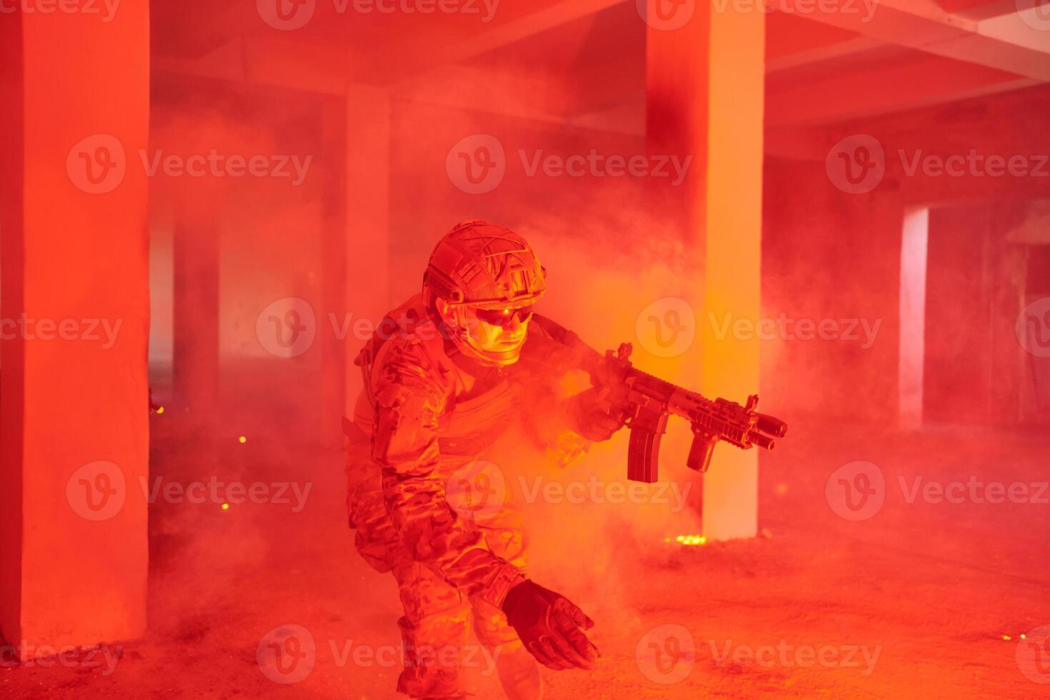 A group of professional soldiers bravely executes a dangerous rescue mission, surrounded by fire in a perilous building. photo