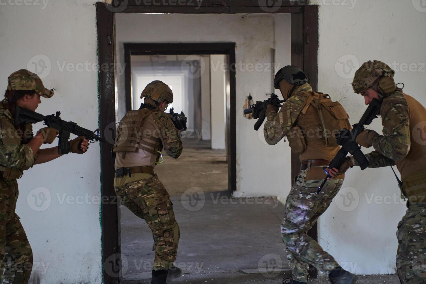 A group of professional soldiers bravely executes a dangerous rescue mission, surrounded by fire in a perilous building. photo