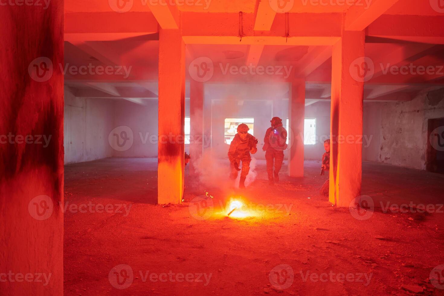 A group of professional soldiers bravely executes a dangerous rescue mission, surrounded by fire in a perilous building. photo