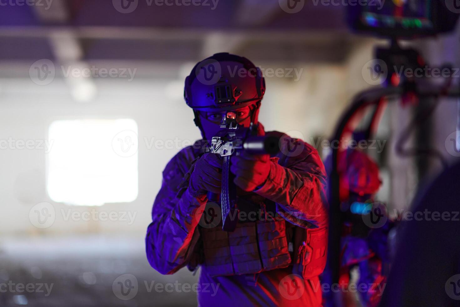 A professional cameraman captures the intense moments as a group of skilled soldiers embarks on a dangerous mission inside an abandoned building, their actions filled with suspense and bravery photo