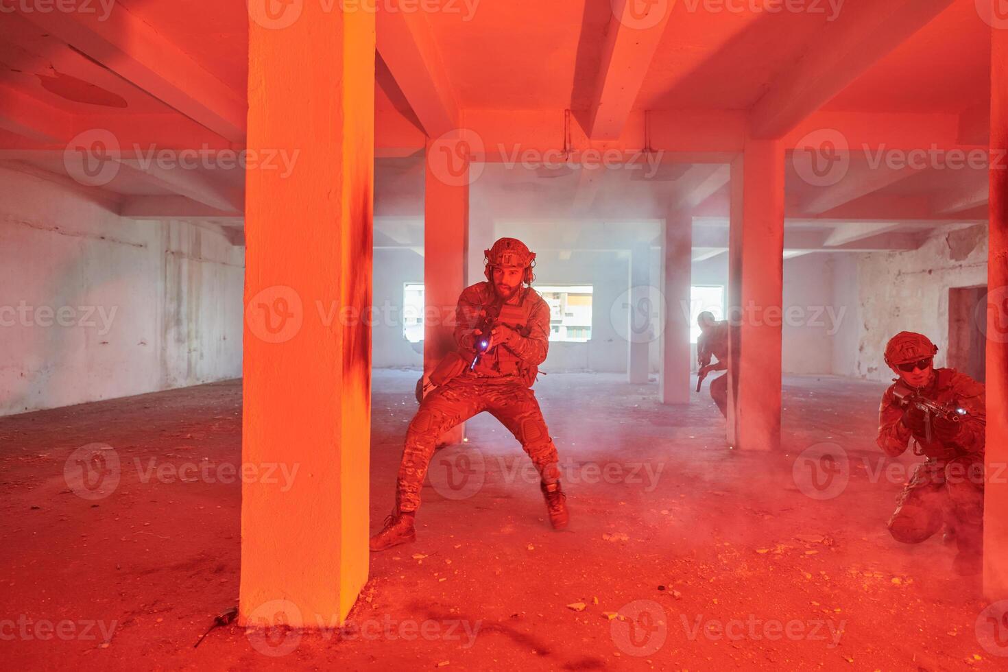 A group of professional soldiers bravely executes a dangerous rescue mission, surrounded by fire in a perilous building. photo